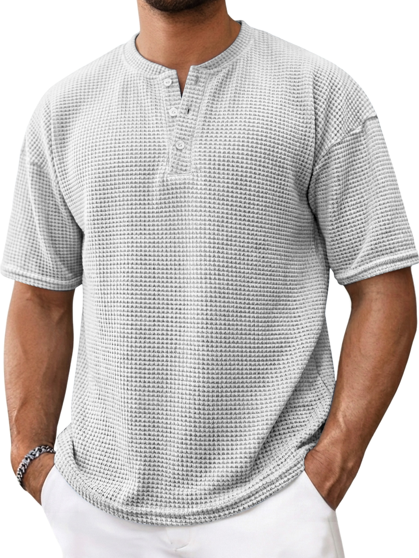 Men's Casual Textured Solid Color Short-Sleeve Henley Shirt