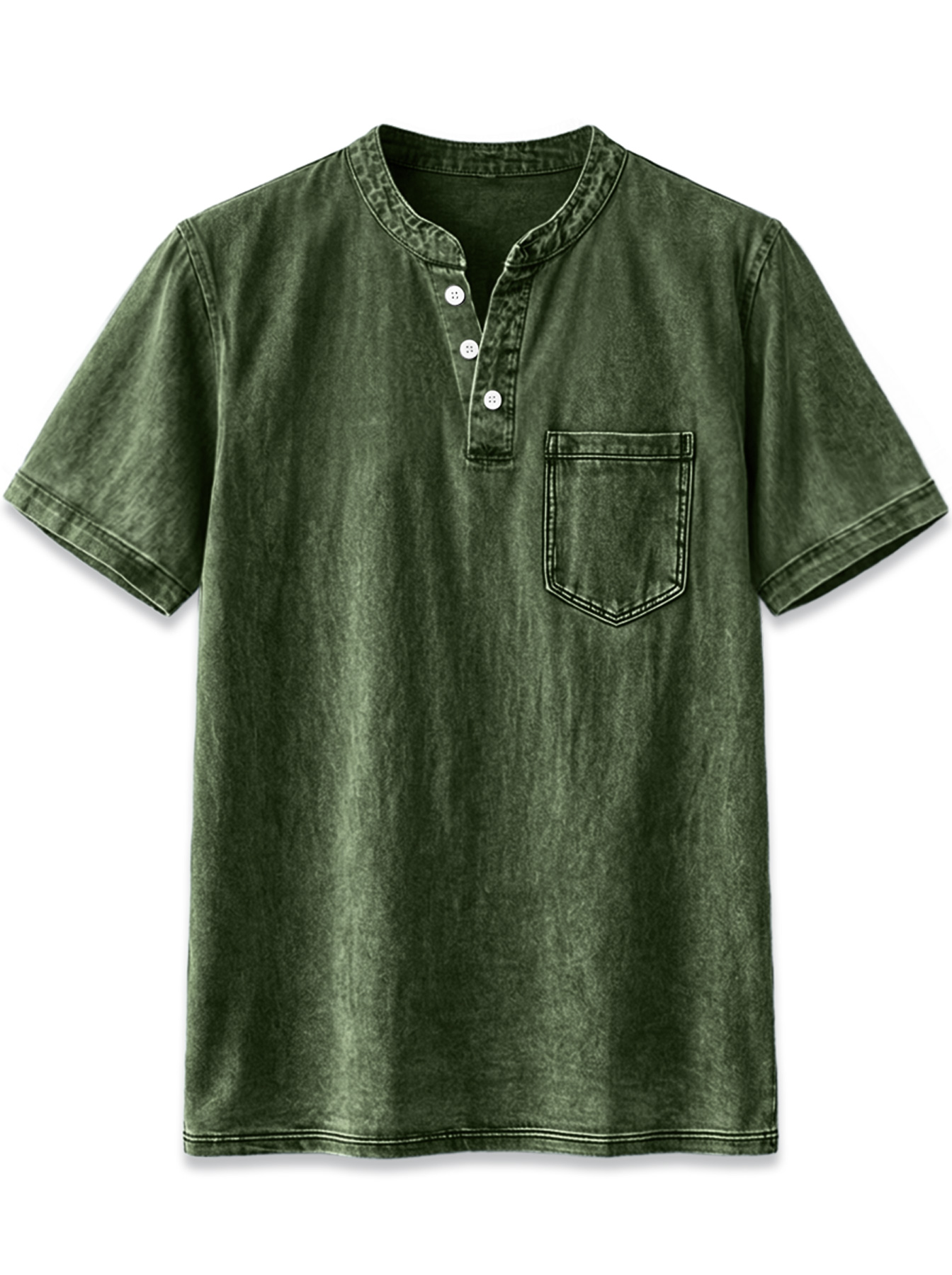 Men's Retro Stand Collar Button Casual Pocket Short Sleeve Henley Shirt
