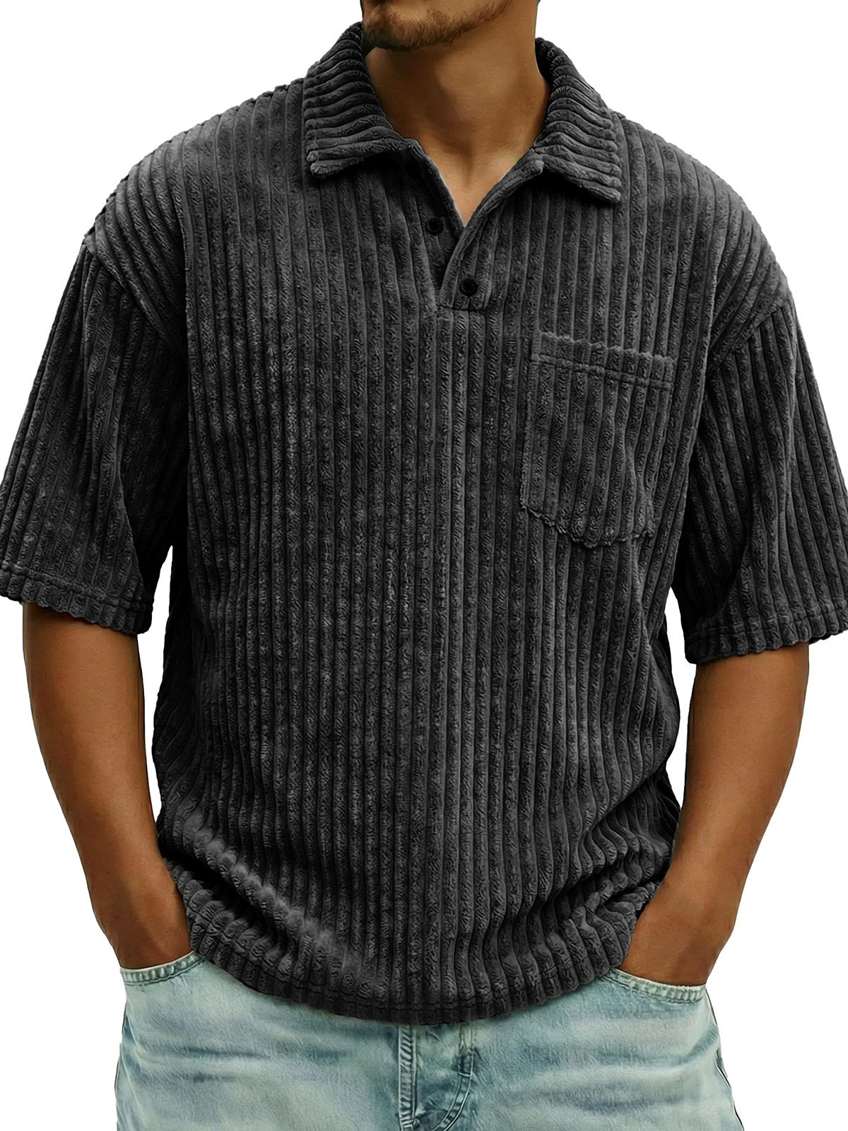 Men's Fashionable Ribbed Pocket Collar Short-Sleeve Polo Shirt
