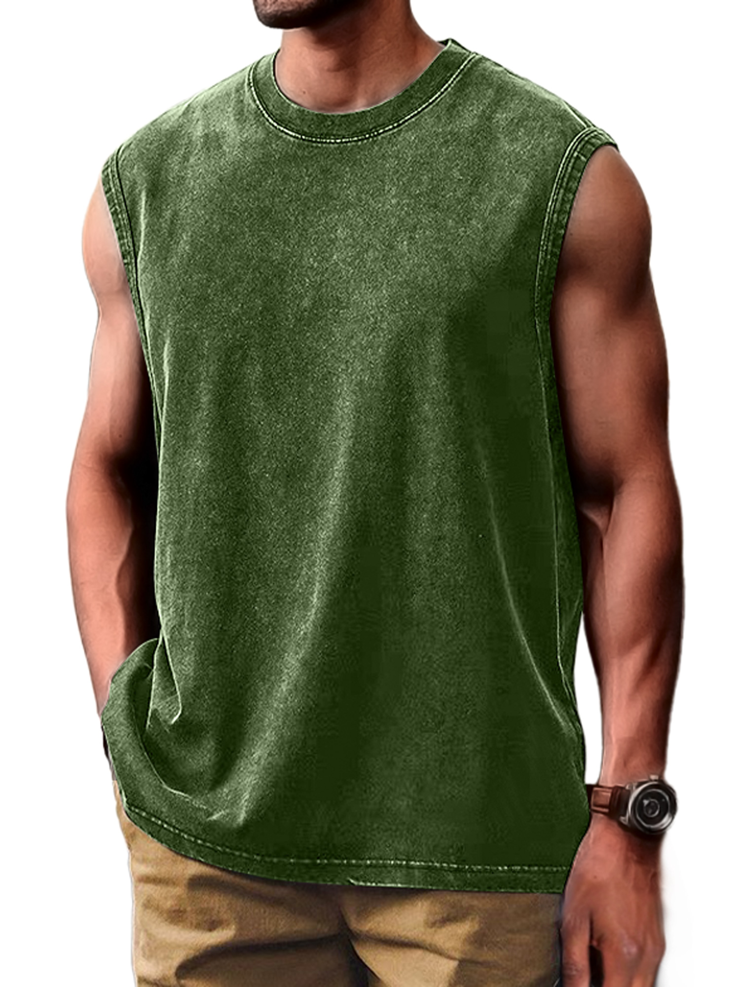 Men's Retro Distressed Fashion Round Neck Casual Solid Color Sleeveless Vest