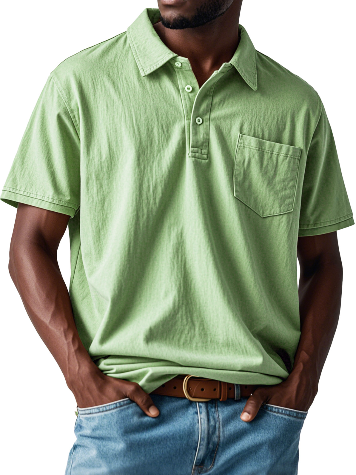 Men's Retro Distressed Pocket Short Sleeve Lapel Polo Shirt