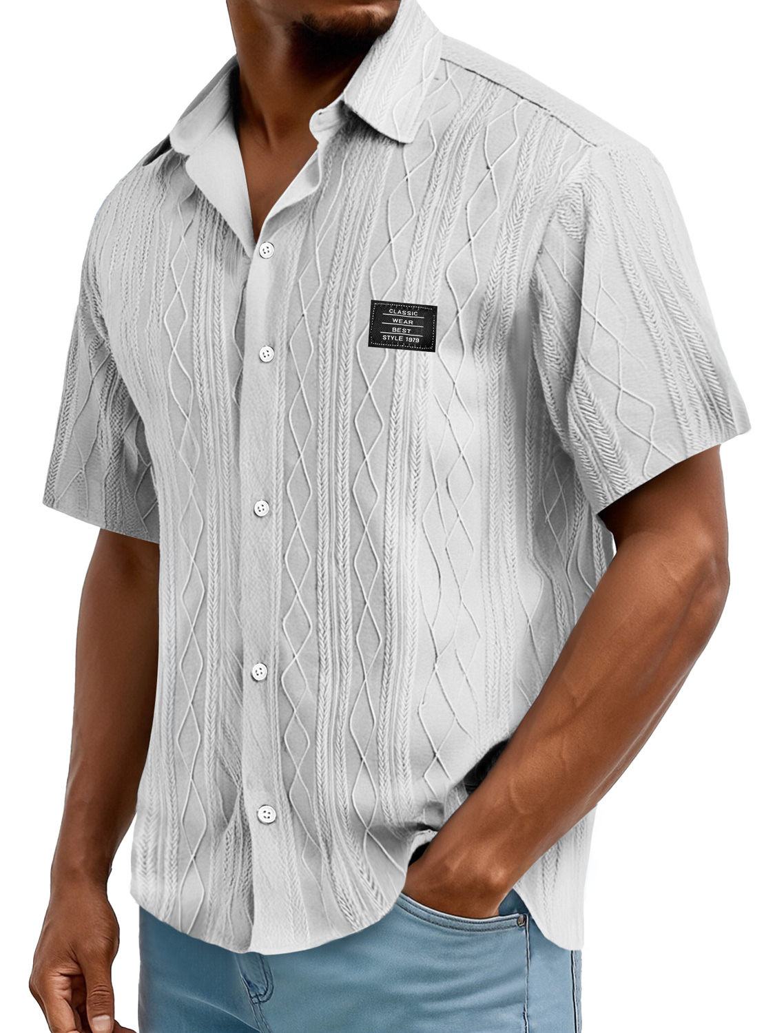 Men's Daily Casual Texture Embroidered Logo Solid Color Comfortable Short-sleeved Shirt