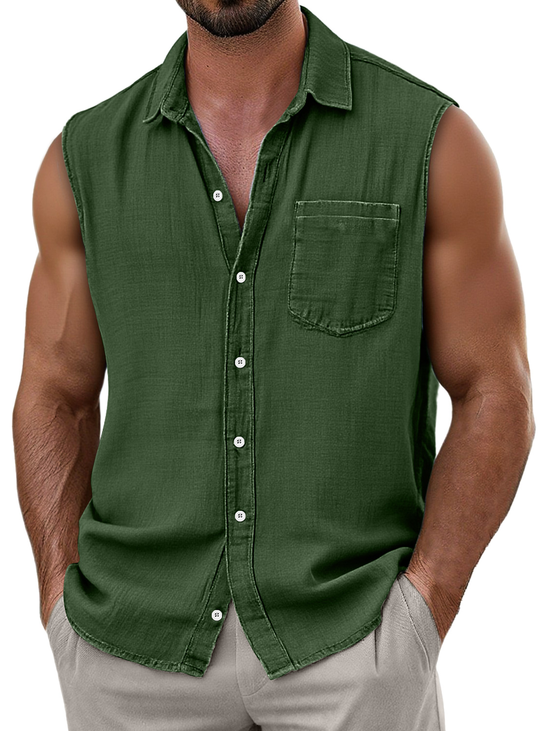 Men's Daily Faux Linen Casual Pocket Comfort Sleeveless Shirt