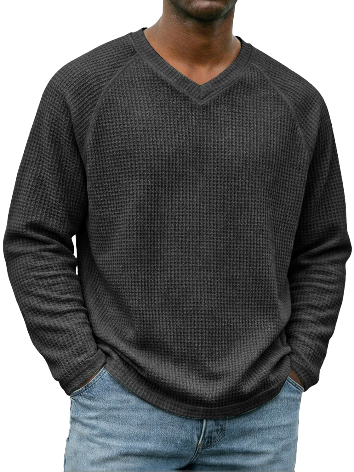 Men's Simple V-neck Raglan Sleeve Waffle Knit Casual Long-sleeved T-shirt