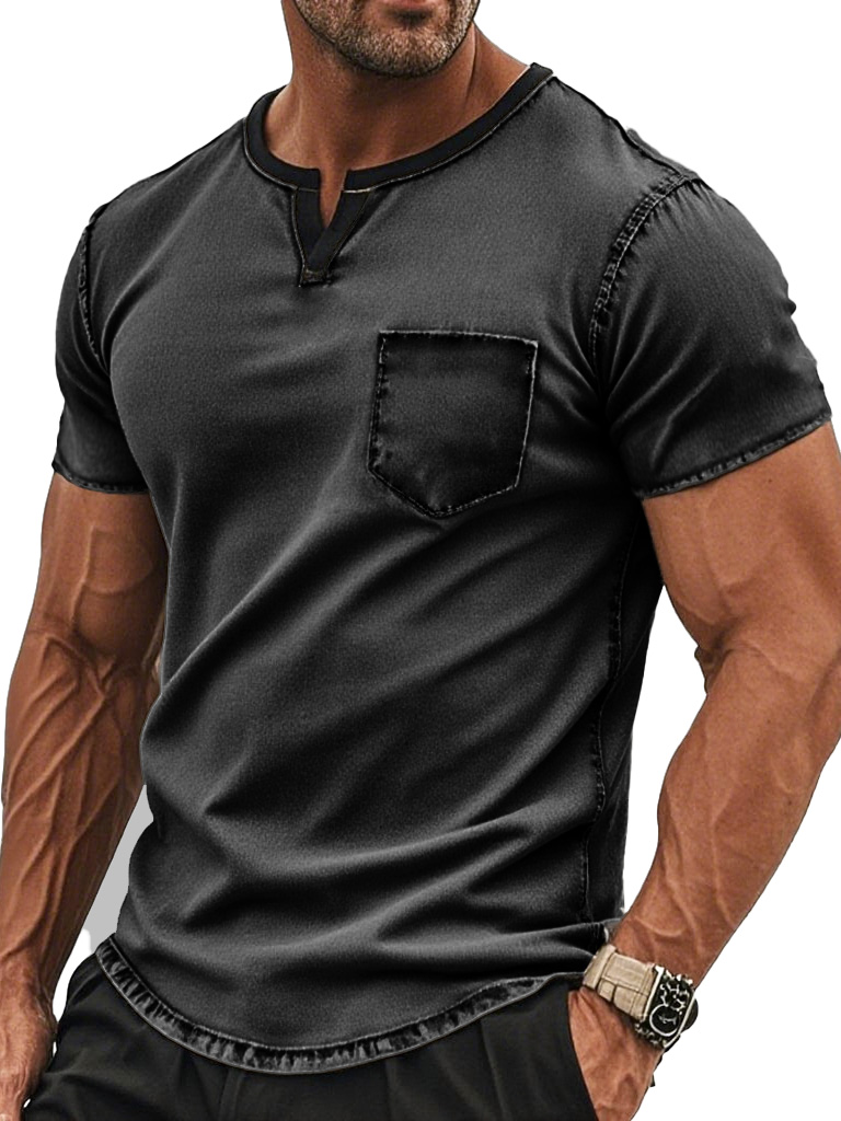 Men's Fashion Retro Pocket V-neck Pocket Short-sleeved T-shirt