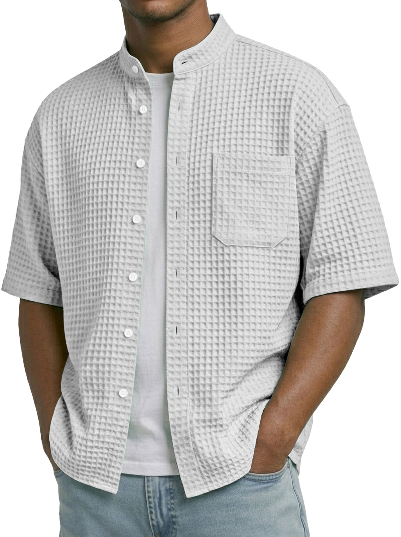 Men's Waffle Collar Stand Collar Pocket Casual Short-Sleeve Shirt
