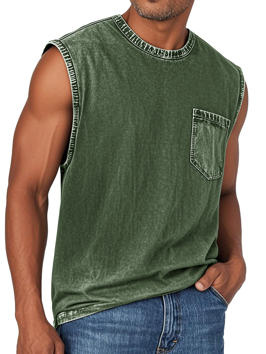 Men's Fashion Retro Washed Round Neck Pocket Sleeveless T-shirt