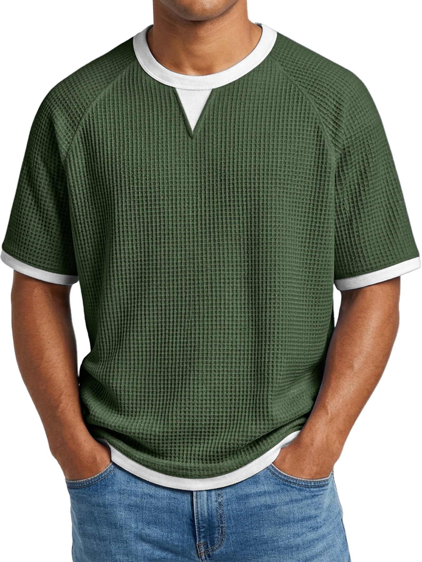 Men's Waffle Casual Color Block Comfortable Crew Neck Short Sleeve T-shirt