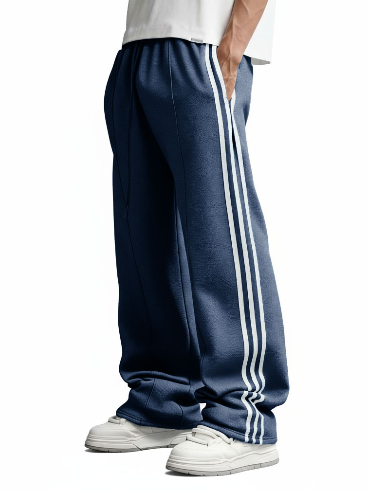 Men's Fashion Retro Striped Patchwork Loose Drawstring Belt Pocket Trousers
