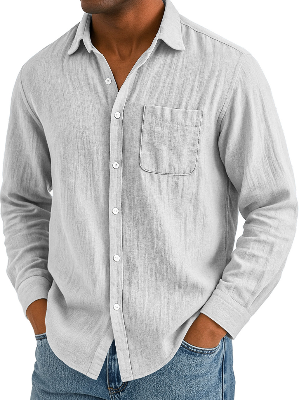 Men's Daily Casual Cotton And Linen Pocket Comfortable Long-sleeved Shirt