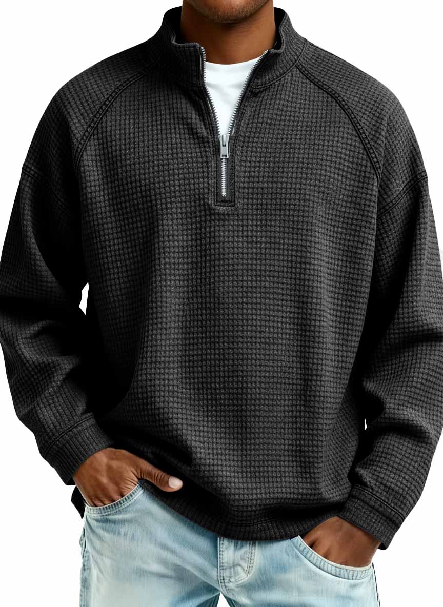 Men's Fashion Waffle Fabric Raglan Stand Collar Zipper Sweatshirt
