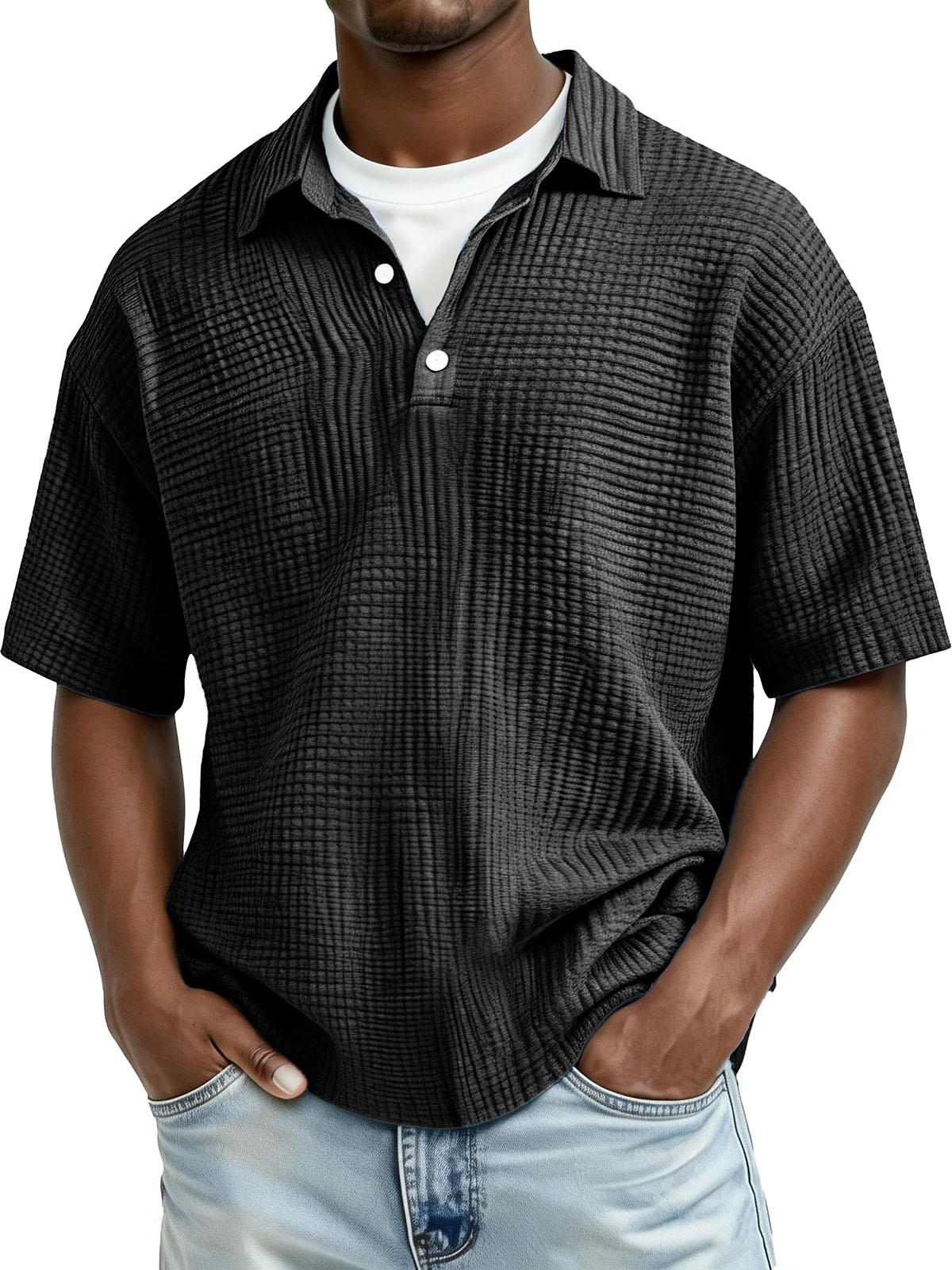 Men's Fashion Casual Pleated Fabric Short-Sleeve Polo Shirt