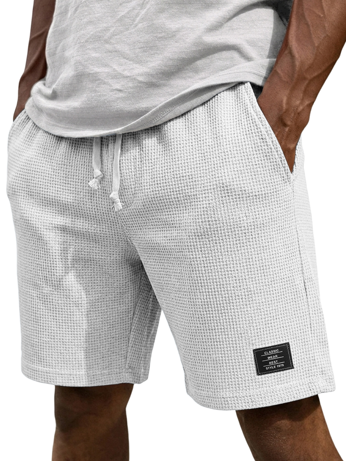Men's Casual Waffle Embroidered Logo Elastic Waist Loose Shorts