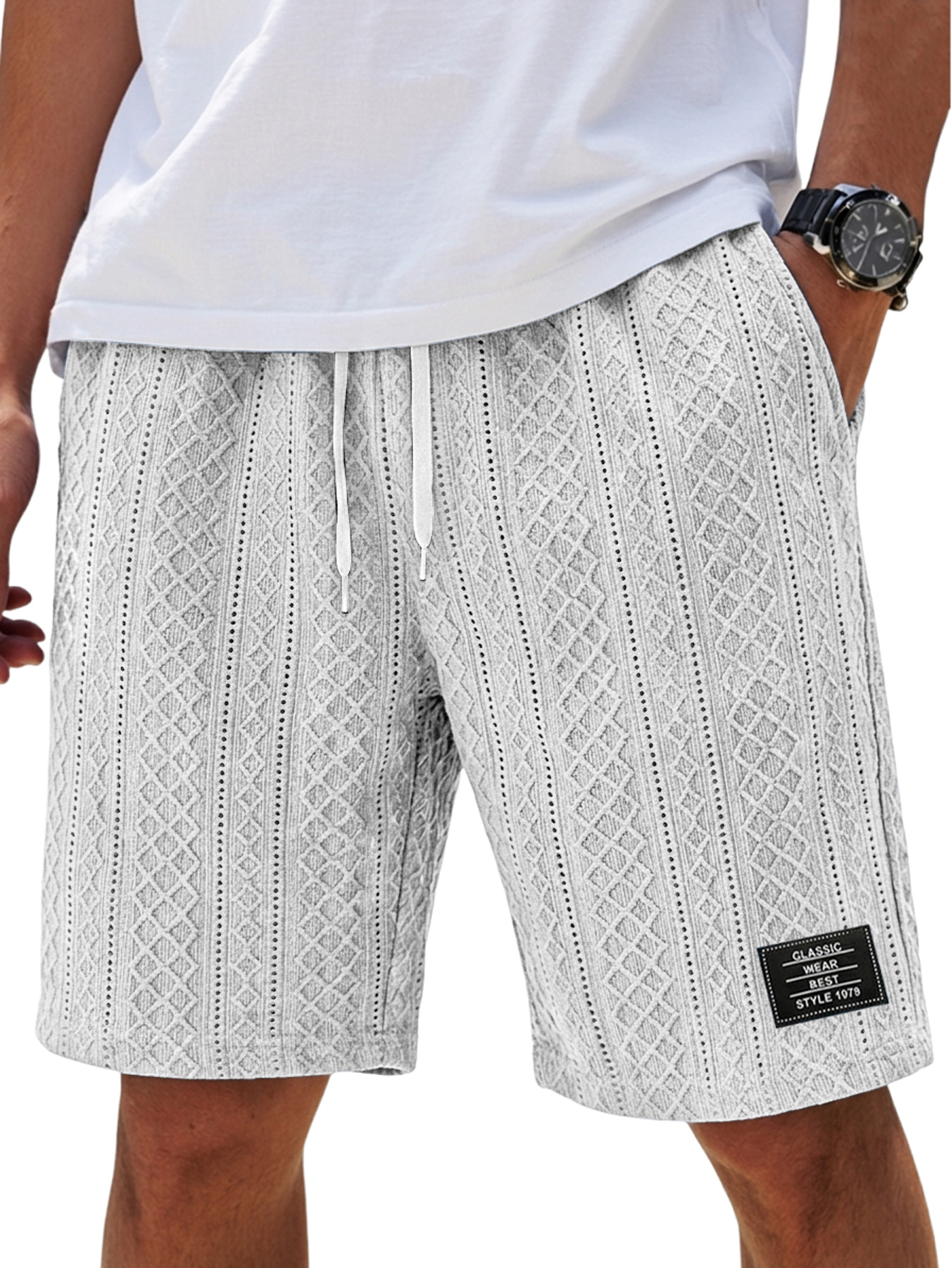 Men's Fashion Textured Embroidered Logo Elastic Waist Casual Shorts