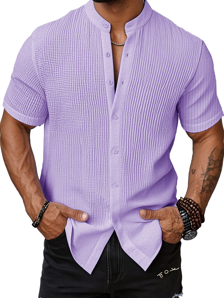 Men's Fashion Casual Bubble Wrinkle Fabric Stand-up Collar Short-sleeved Shirt