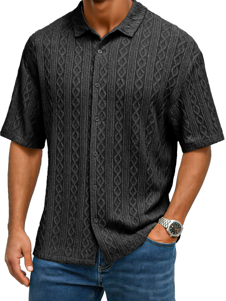 Men's Fashion Casual Jacquard Fabric Lapel Short-sleeved Shirt