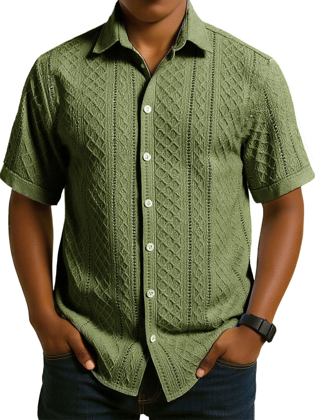 Men's Fashion Casual Jacquard Fabric Lapel Short-sleeved Shirt
