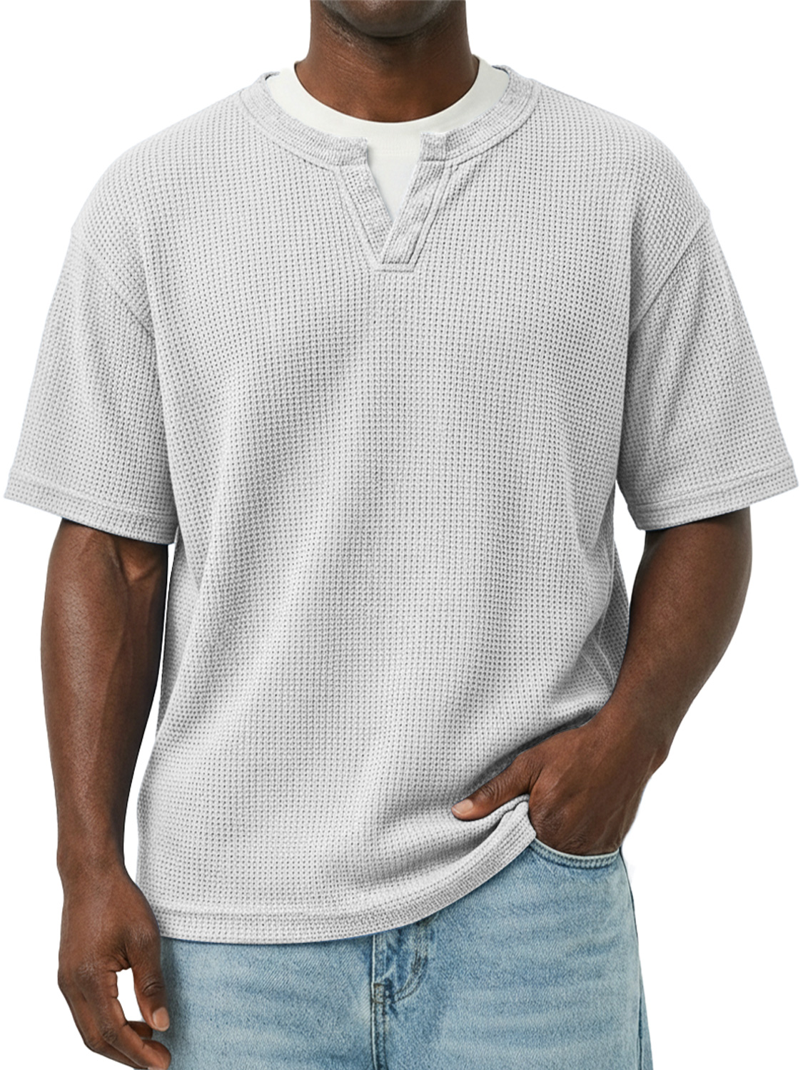 Men's Waffle-knit Double-layered Collar Faux Two-piece Casual Long-sleeved T-shirt