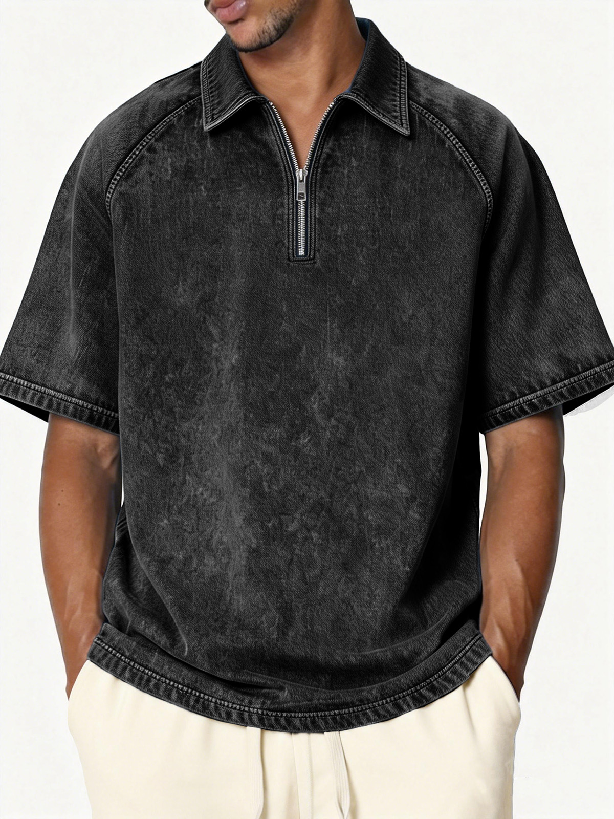 Men's Retro Distressed Raglan Collar Zipper Loose Short-Sleeve Polo Shirt