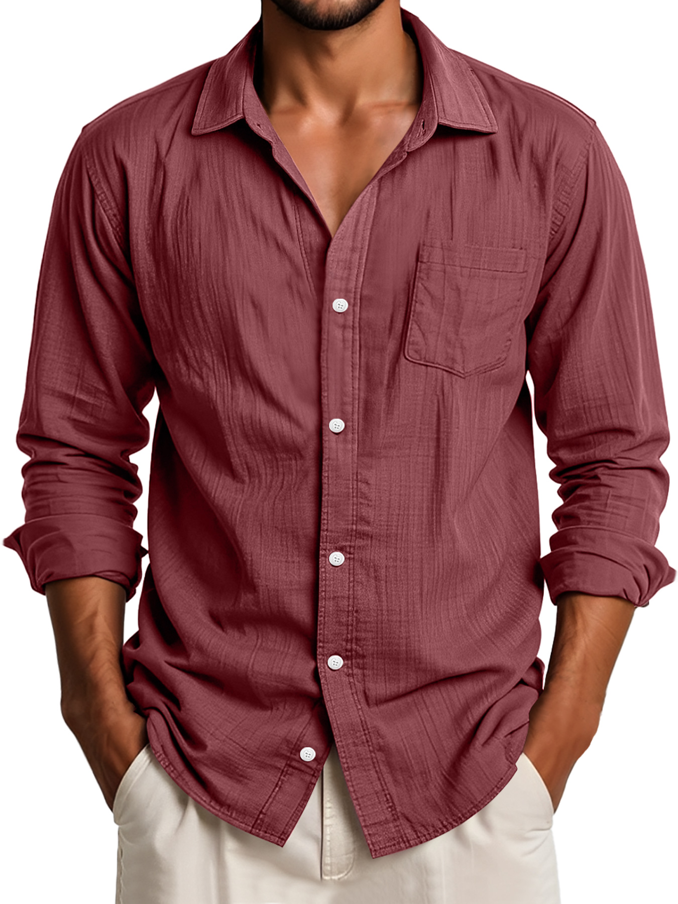 Men's Daily Lapel Pocket Casual Solid Color Long Sleeve Shirt