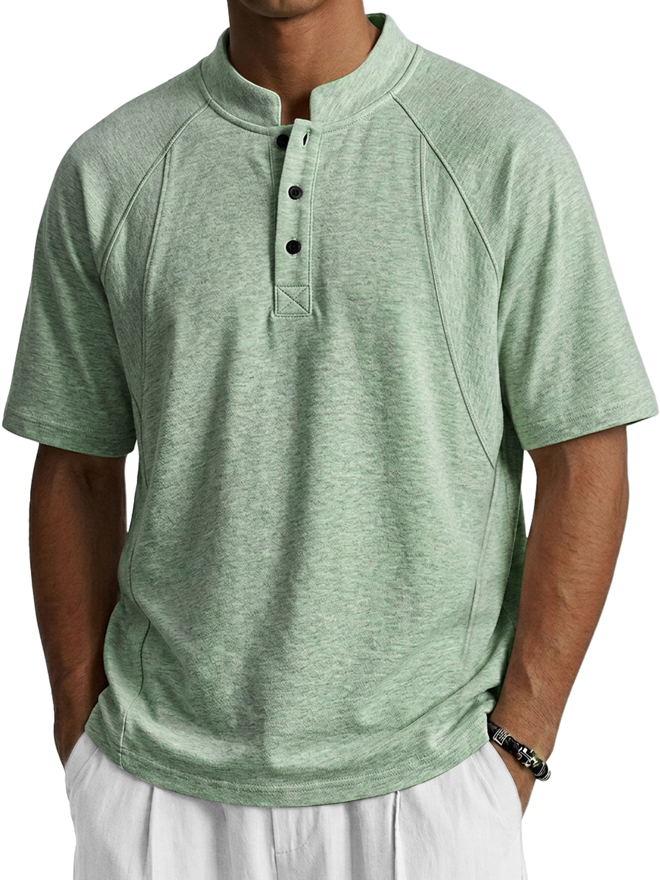Men's Deconstructed Design Stand-up Collar Button Casual Short-sleeved Henley Shirt