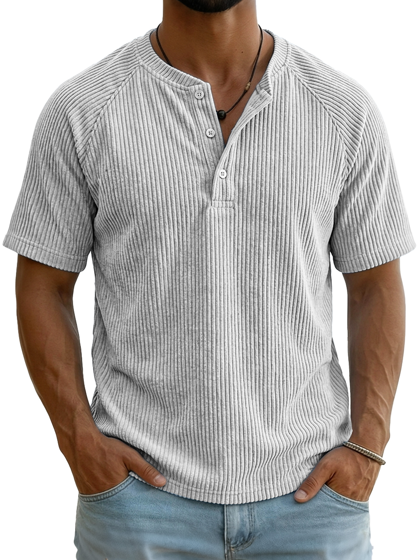 Men's Retro Corduroy Raglan Casual Short-Sleeve Henley Shirt