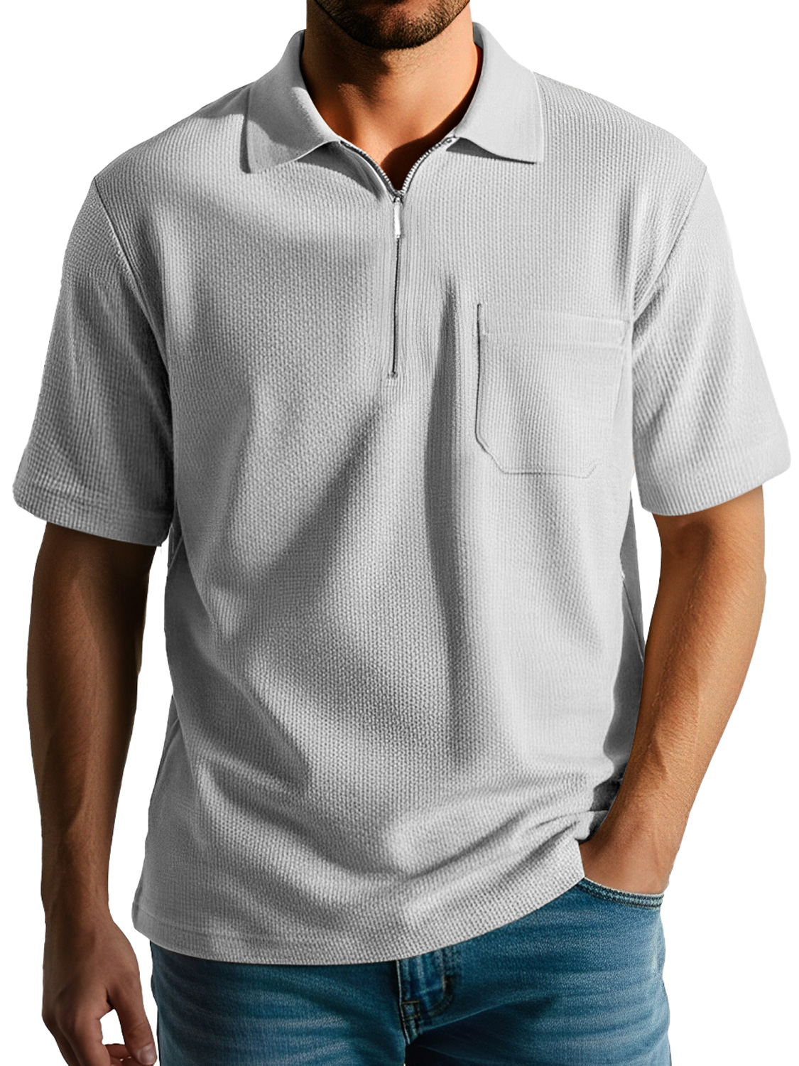 Men's Daily Casual Texture Lapel Zipper Comfortable Short-sleeved Polo Shirt