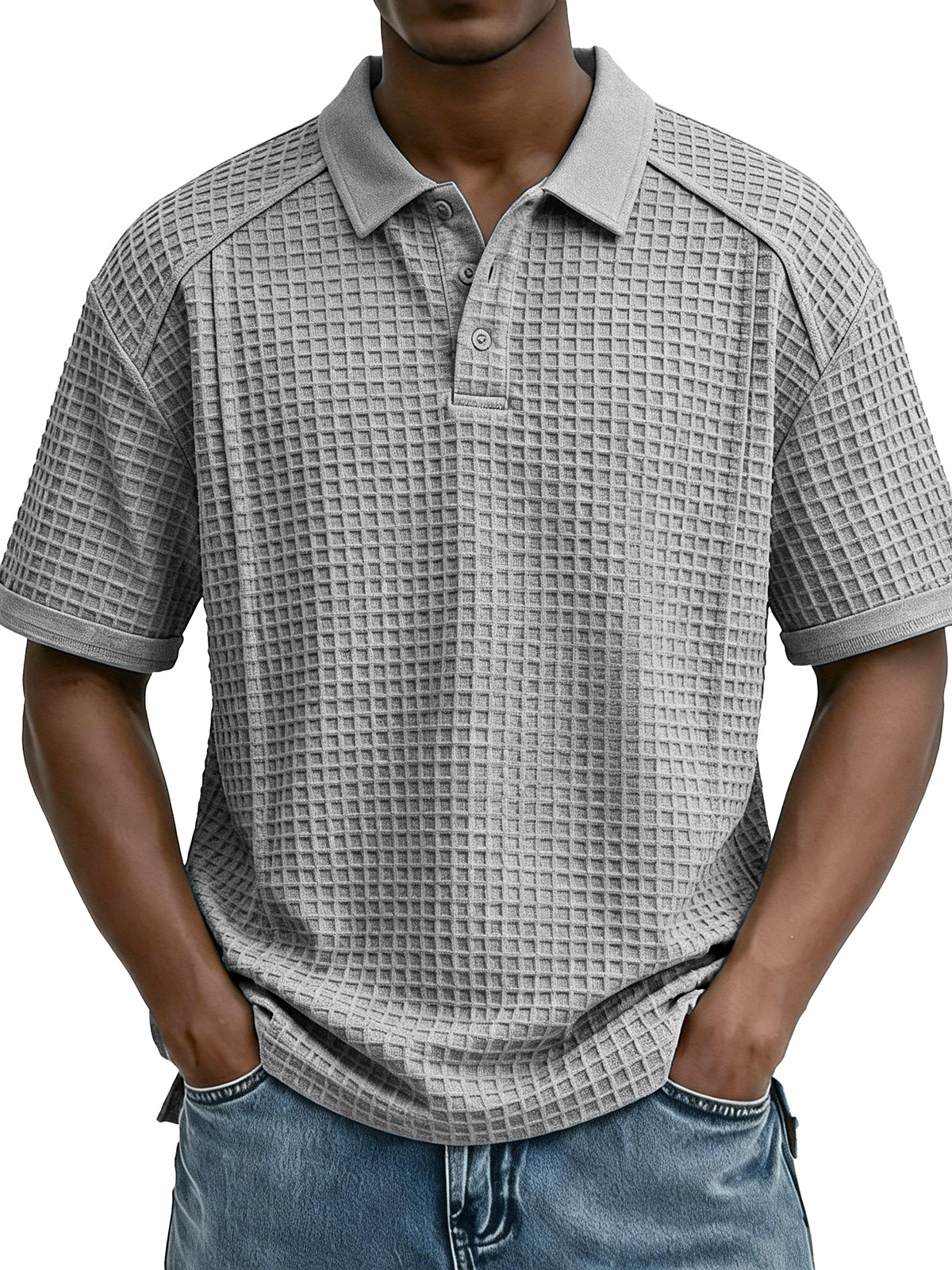 Men's Fashion Retro Waffle Fabric Collared Short-Sleeve Polo Shirt