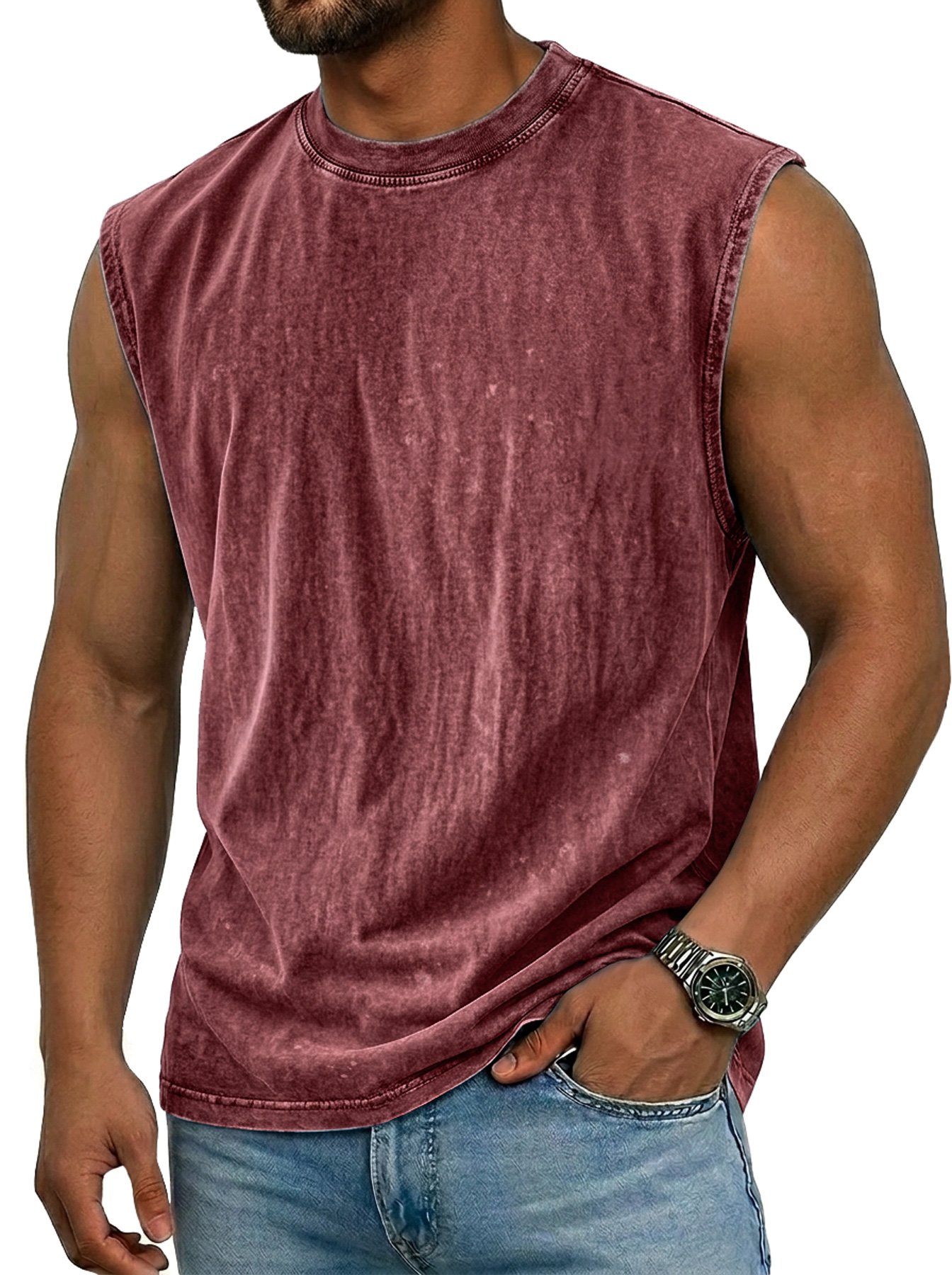 Men's 100% Washed Distressed Crew Neck Casual Sleeveless Vest
