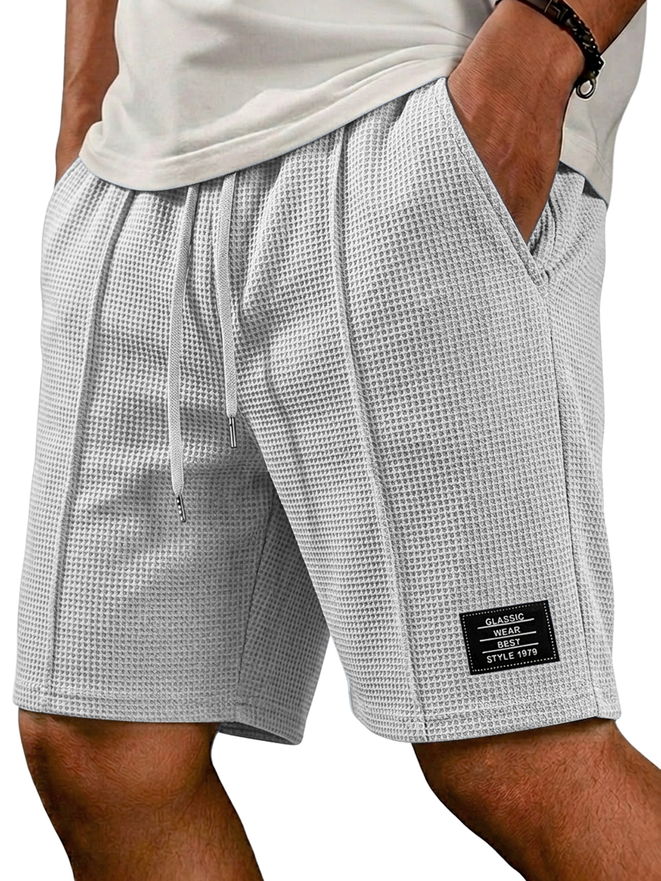 Men's Waffle Embroidered Logo Casual Solid Color Shorts