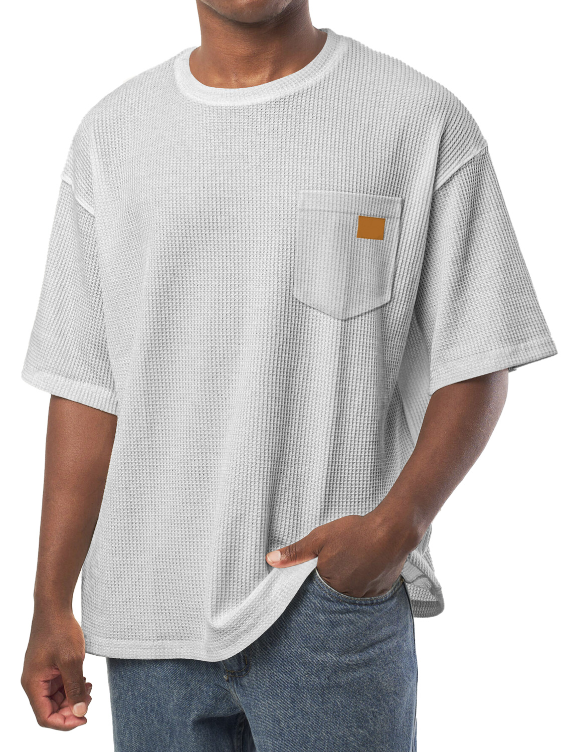 Men's Everyday Waffle Pocket Embroidered Logo Crew Neck Casual Loose Short Sleeve T-Shirt
