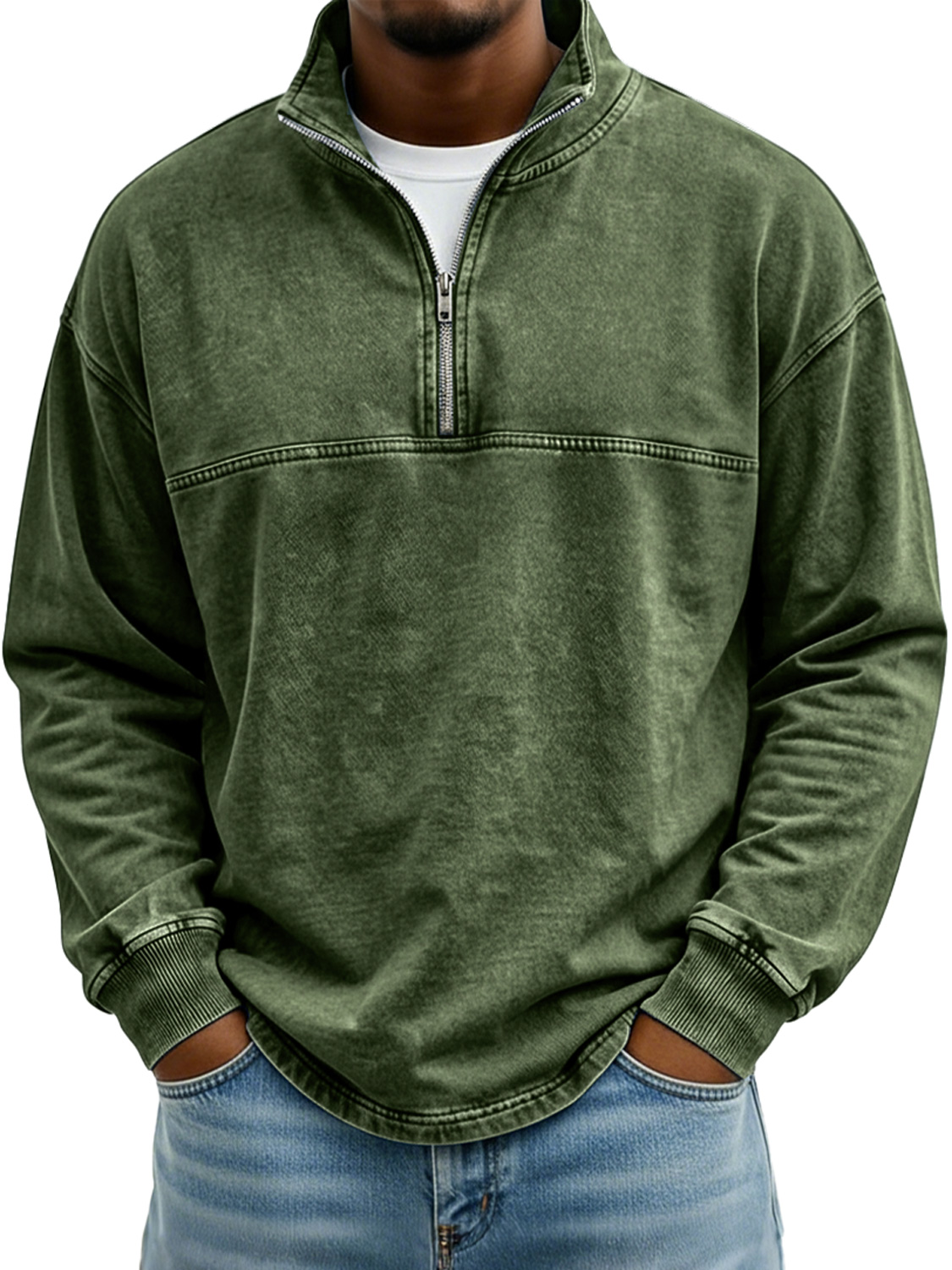 Men's Vintage Stand-collar Long-sleeved T-shirt With Zipper And Contrasting Stitching Design