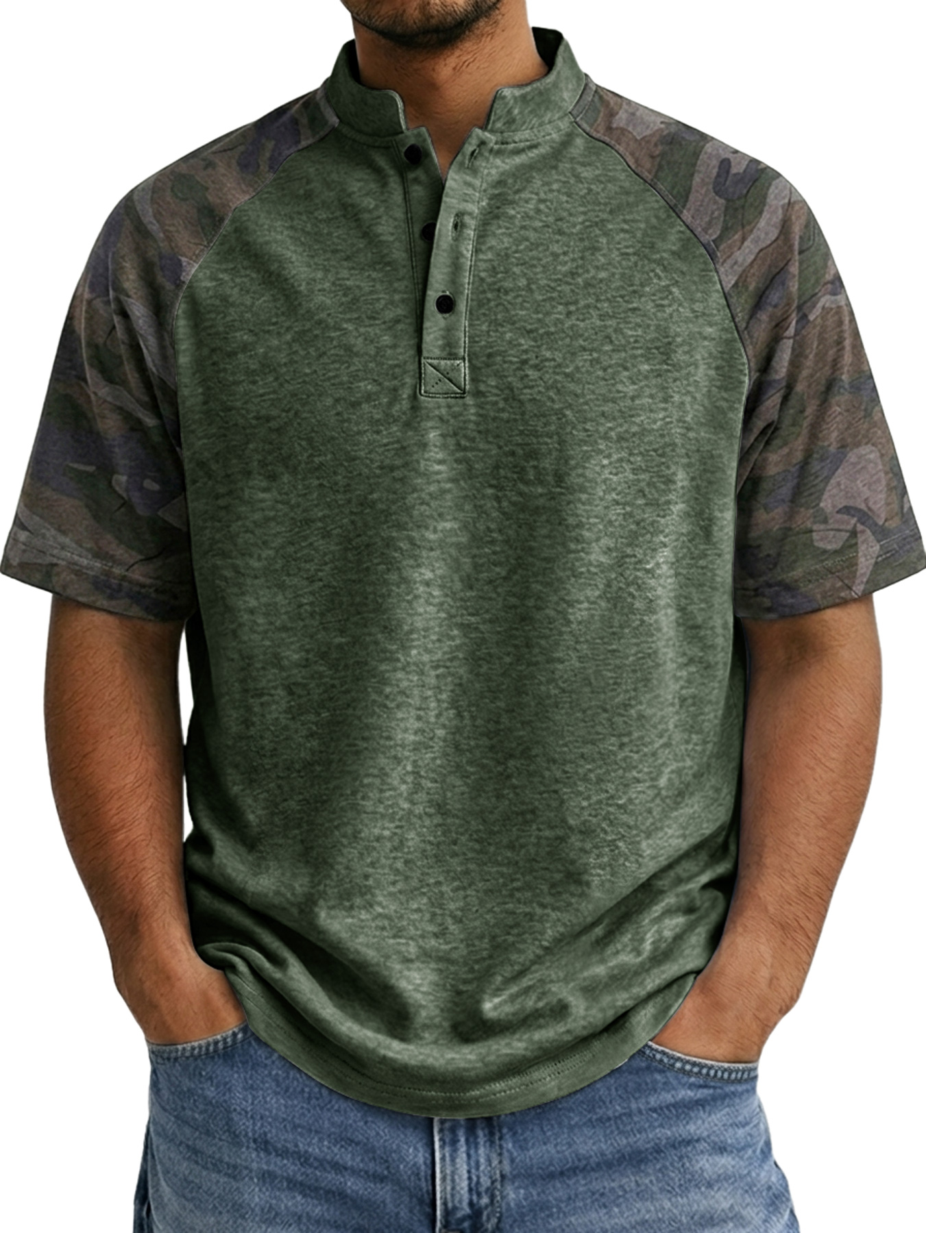 Men's Raglan Camo Casual Stand Collar Short Sleeve Henley Shirt
