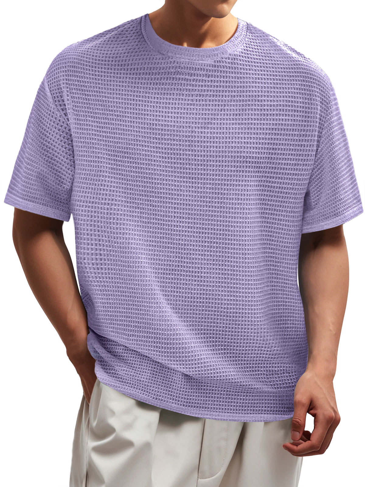 Men's Waffle Everyday Round Neck Casual Solid Color Short Sleeve T-Shirt