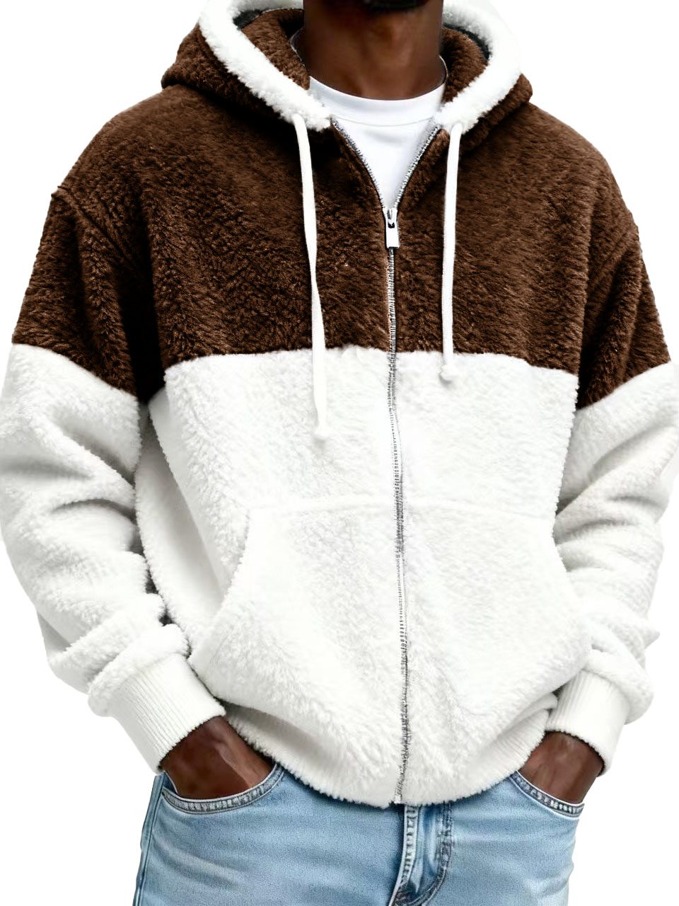 Men's Stylish Casual Patchwork Plush Warm Long-sleeved Hooded Jacket