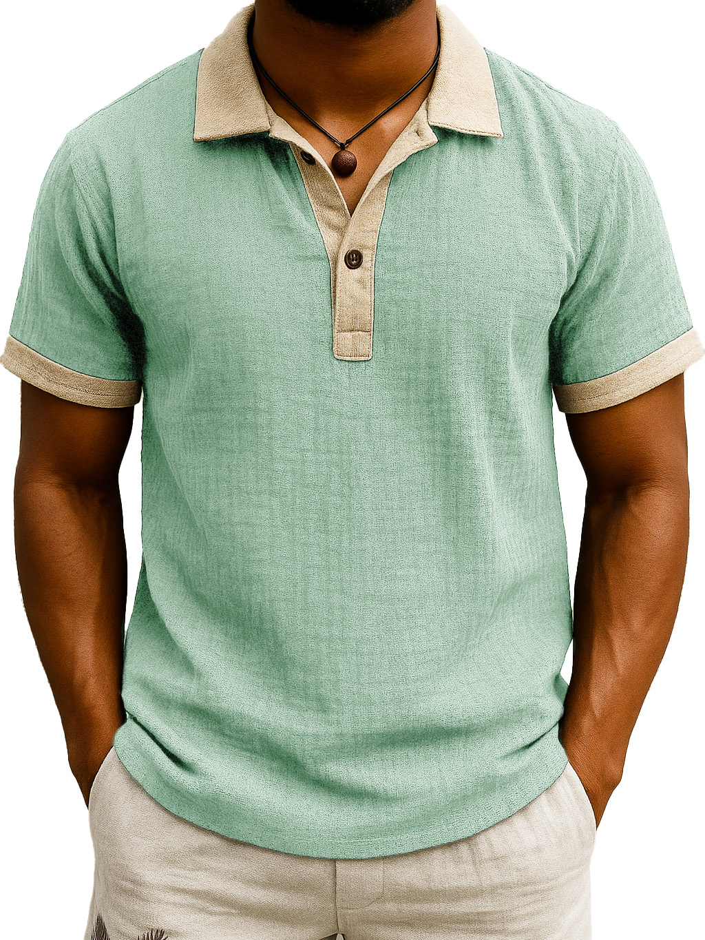 Men's Fashion Retro Hemp Fabric Patchwork Contrast Color Short-sleeved Polo Shirt