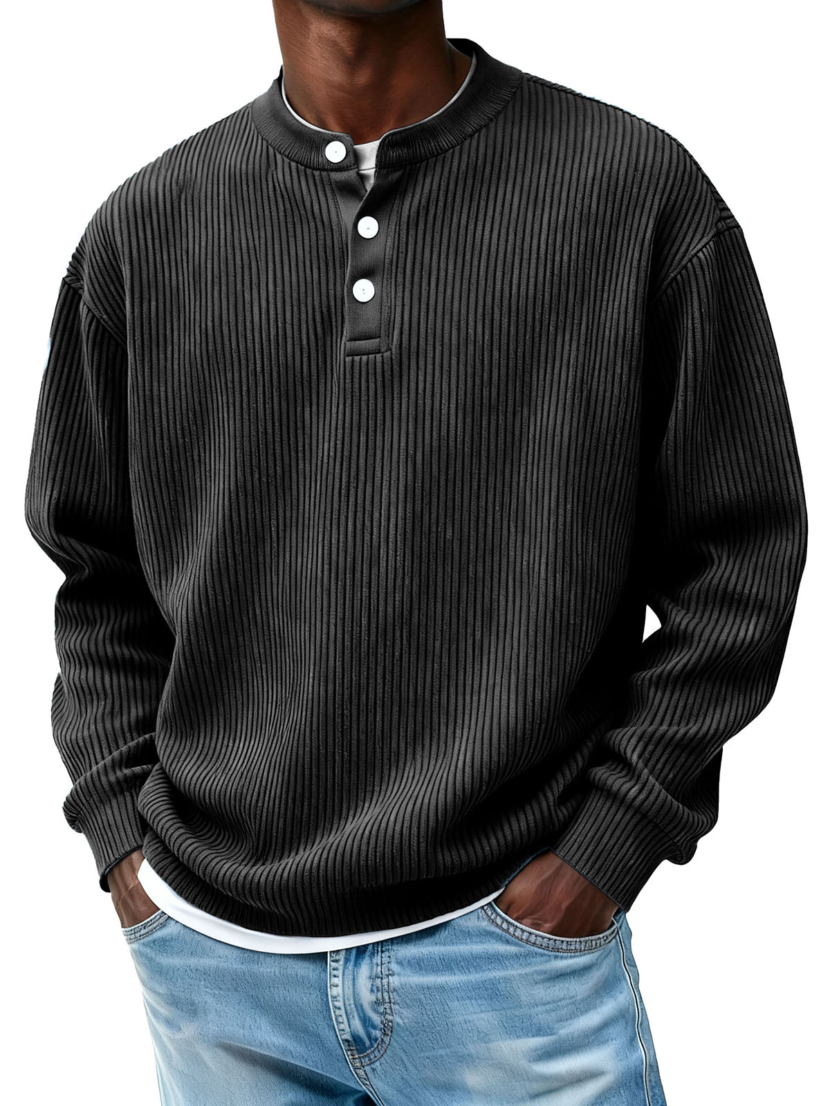 Men's Casual Pit Strip Fabric Three-button Long-sleeved Henry Shirt