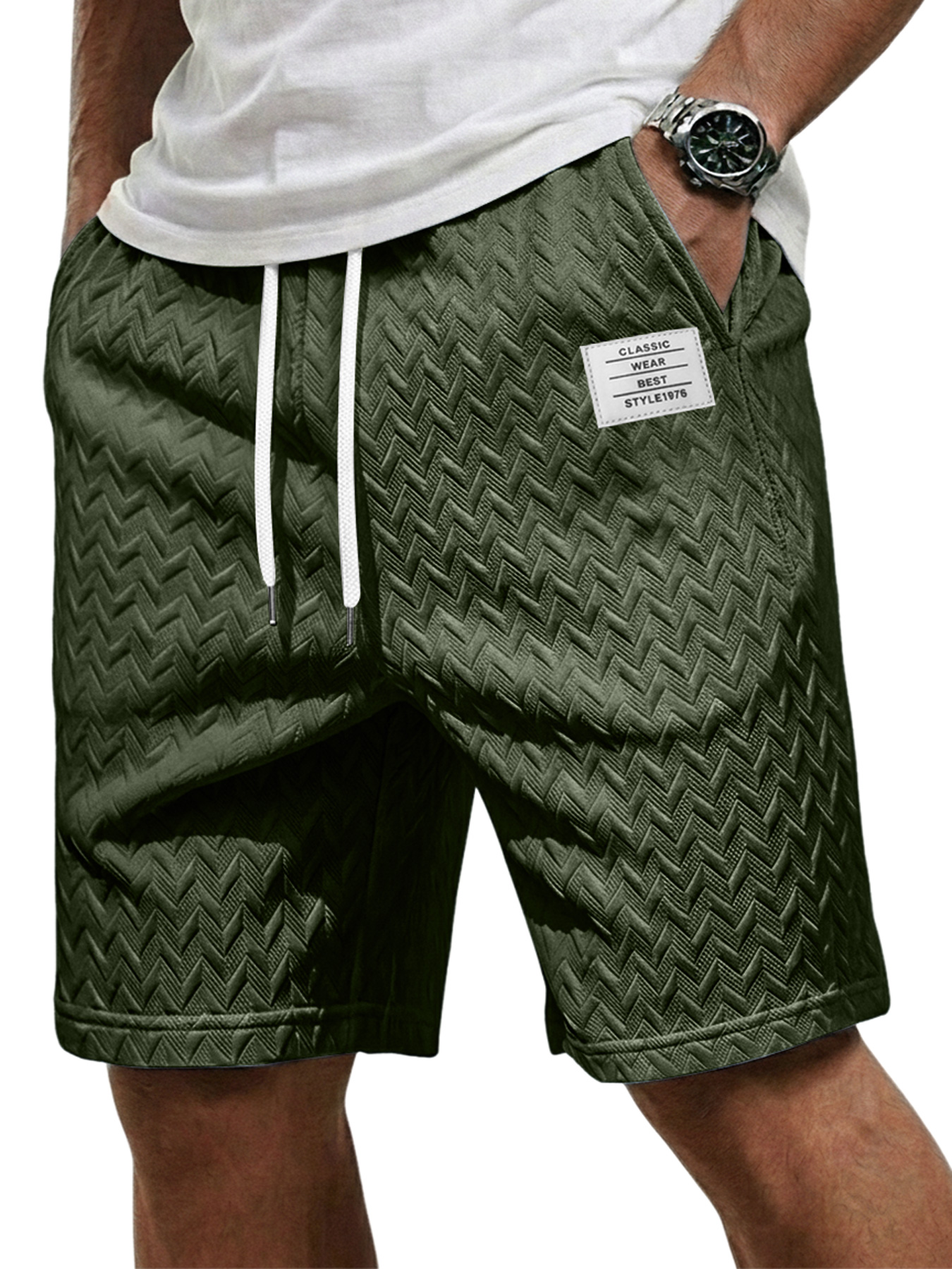 Men's Casual Jacquard Textured Embroidered Logo Elastic Waist Shorts