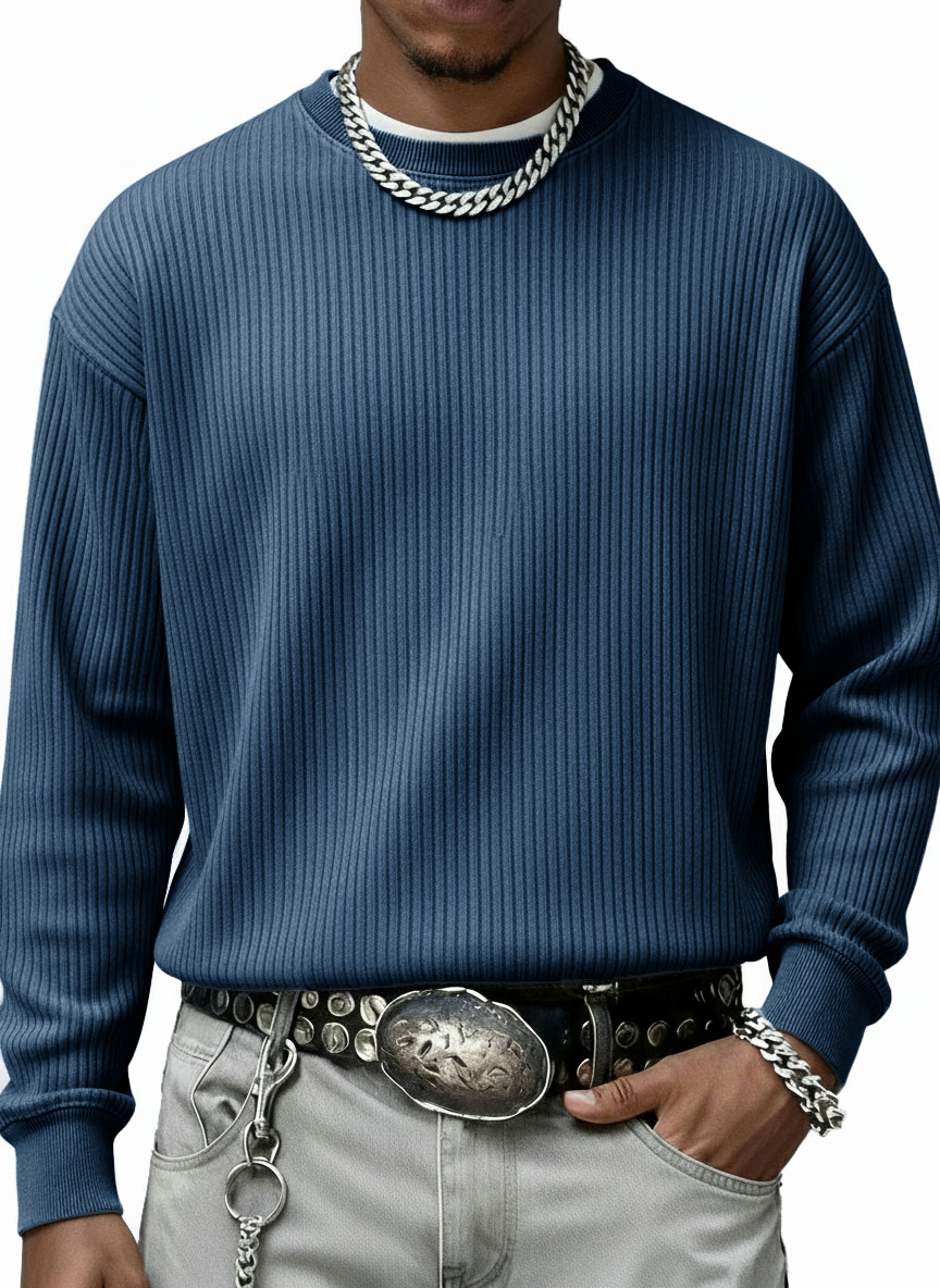 Men's Stylish Casual Vintage Crewneck Ribbed Fabric Long-sleeved Base T-shirt