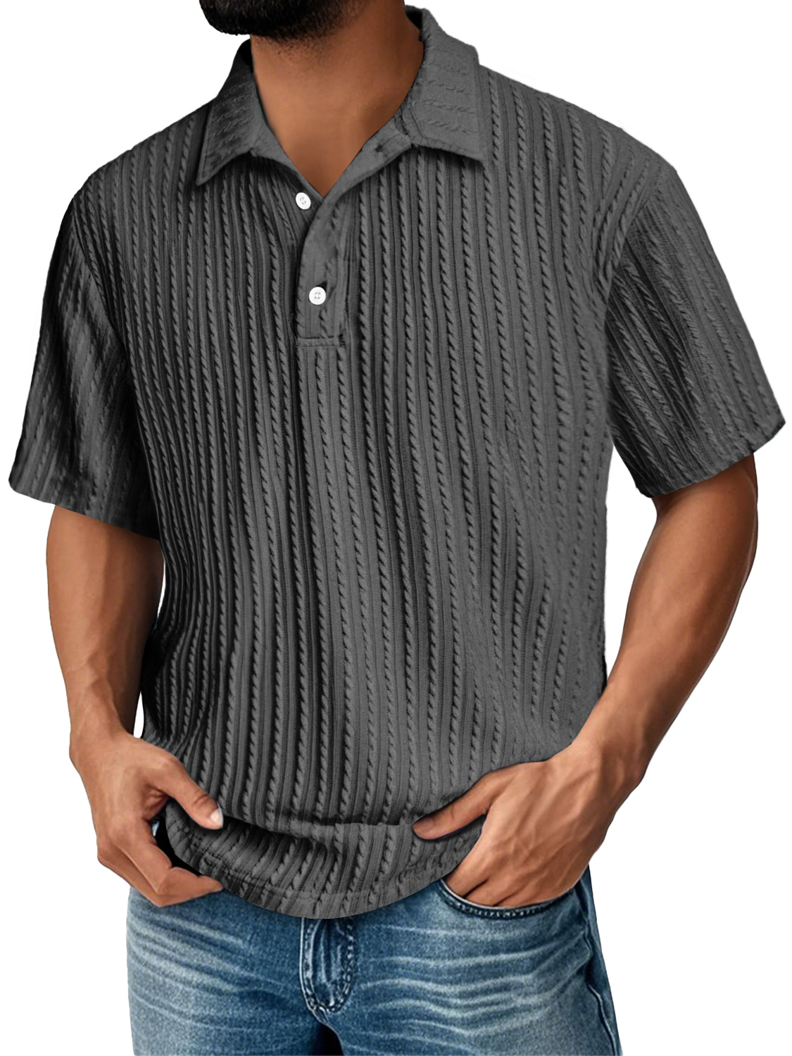 Men's Daily Lapel Jacquard Texture Casual Solid Color Short-sleeved Polo Shirt