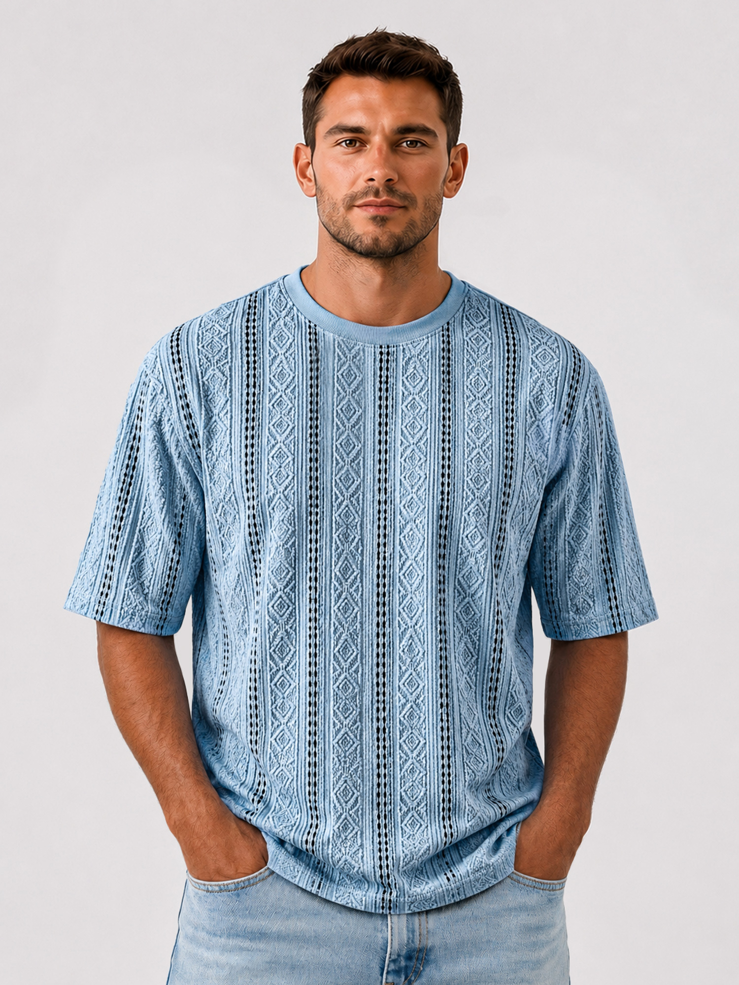 Men's Solid-Color Short-Sleeve Crew-Neck T-Shirt with Jacquard Texture