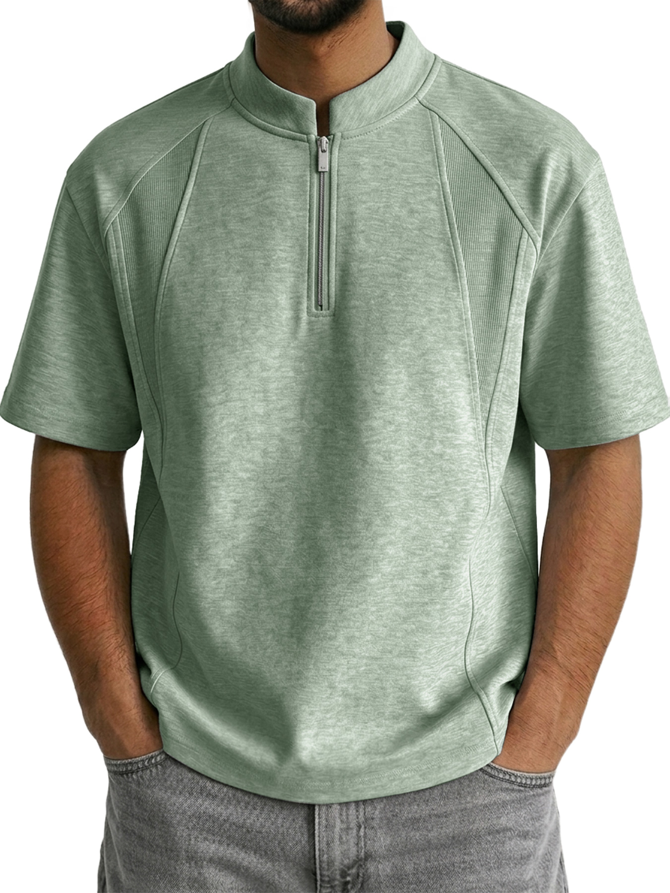 Men's Stand Collar Zipper Deconstructed Casual Short-Sleeve T-Shirt