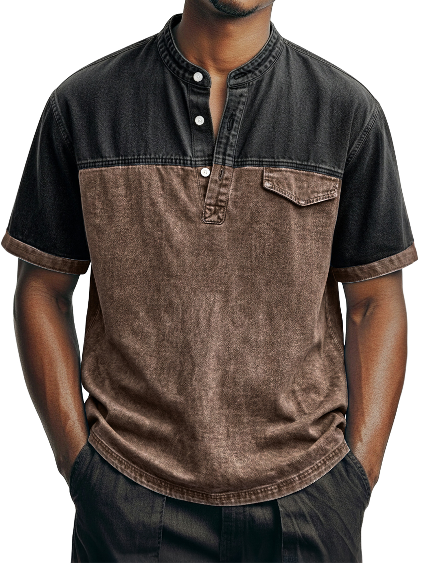 Men's Retro Color Block Casual Stand Collar Button-Down Short Sleeve Henley Shirt