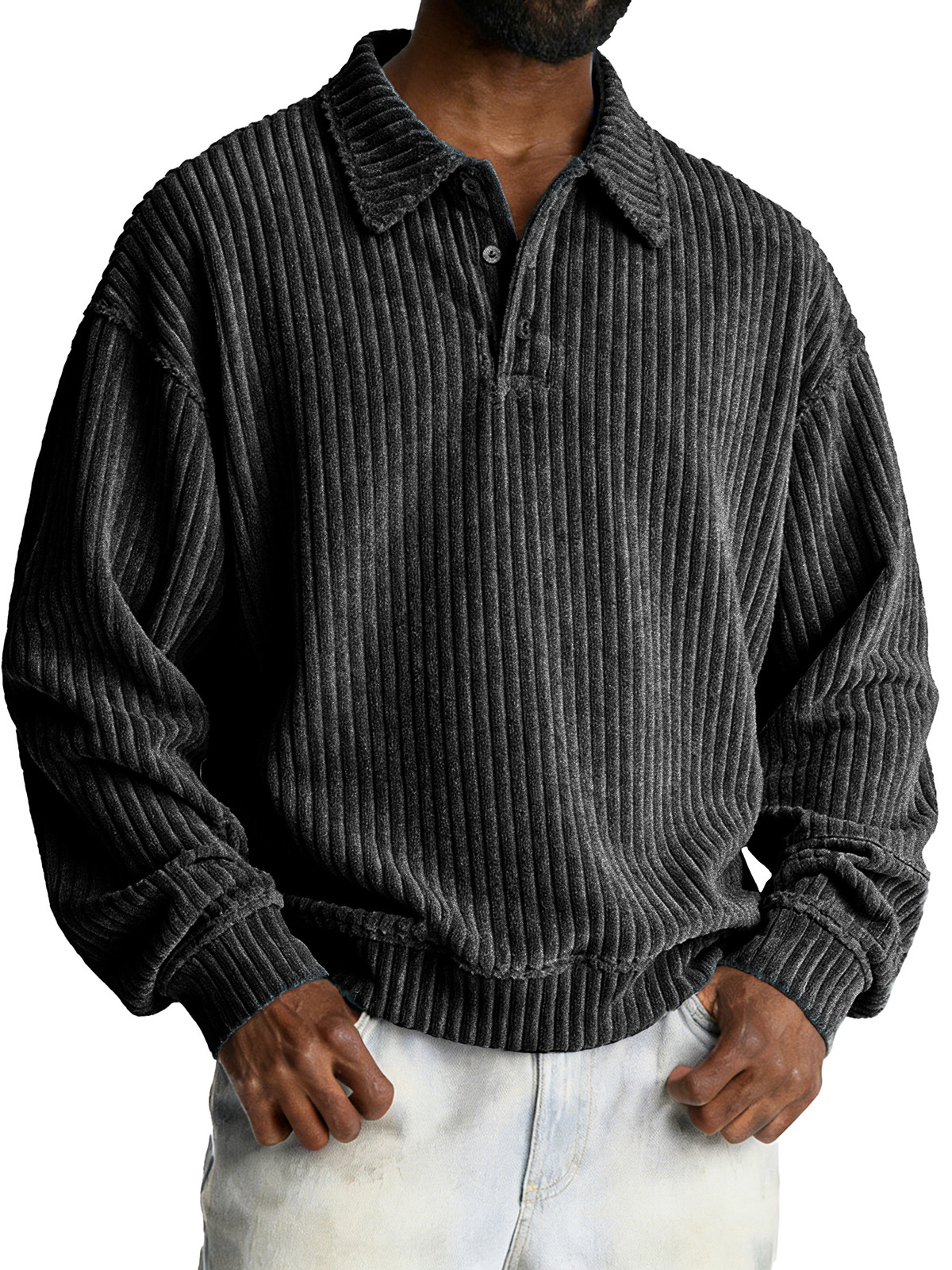 Fashionable Retro Loose Pit Strip Fabric Lapel Long-sleeved Polo Shirt