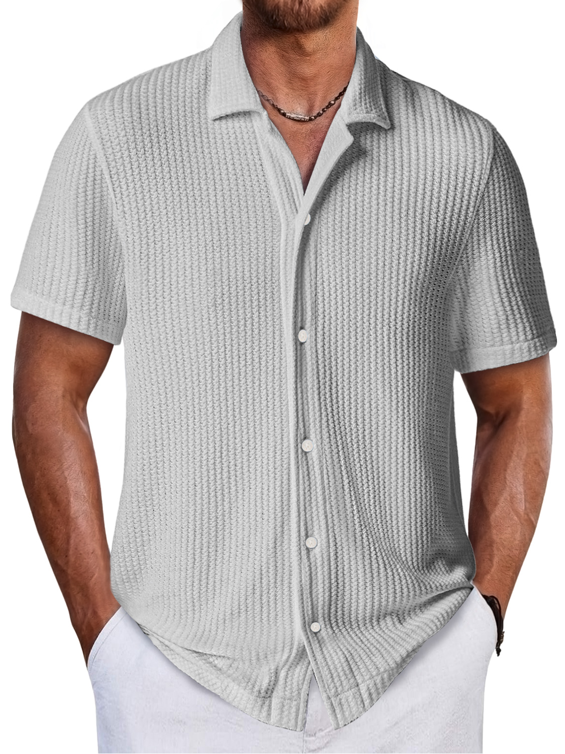 Men's Daily Waffle Texture Casual And Comfortable Short-sleeved Shirt