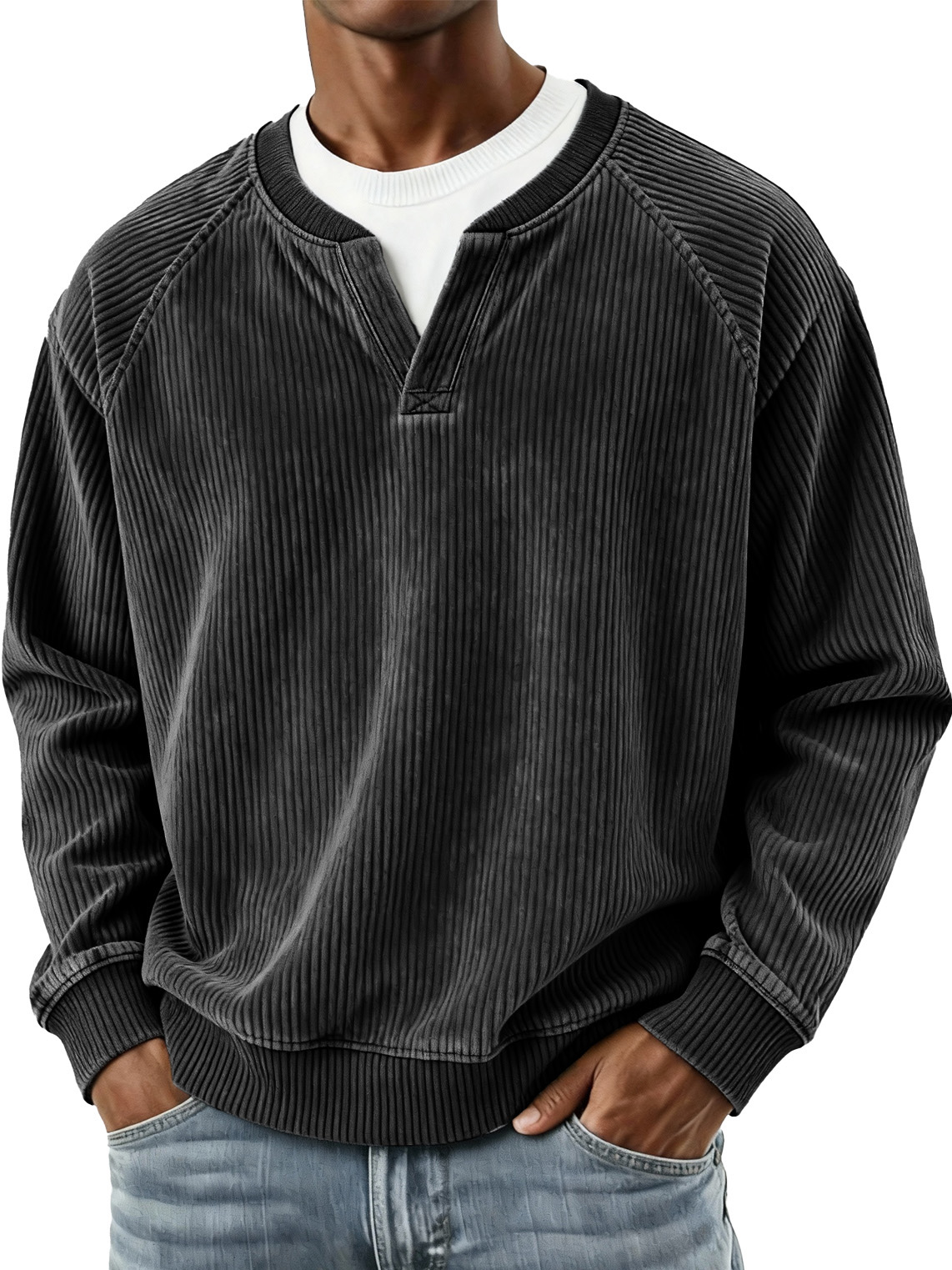 Men's Fashionable Casual Vertical Striped Corduroy Fabric Faux Two-piece Long-sleeved Top