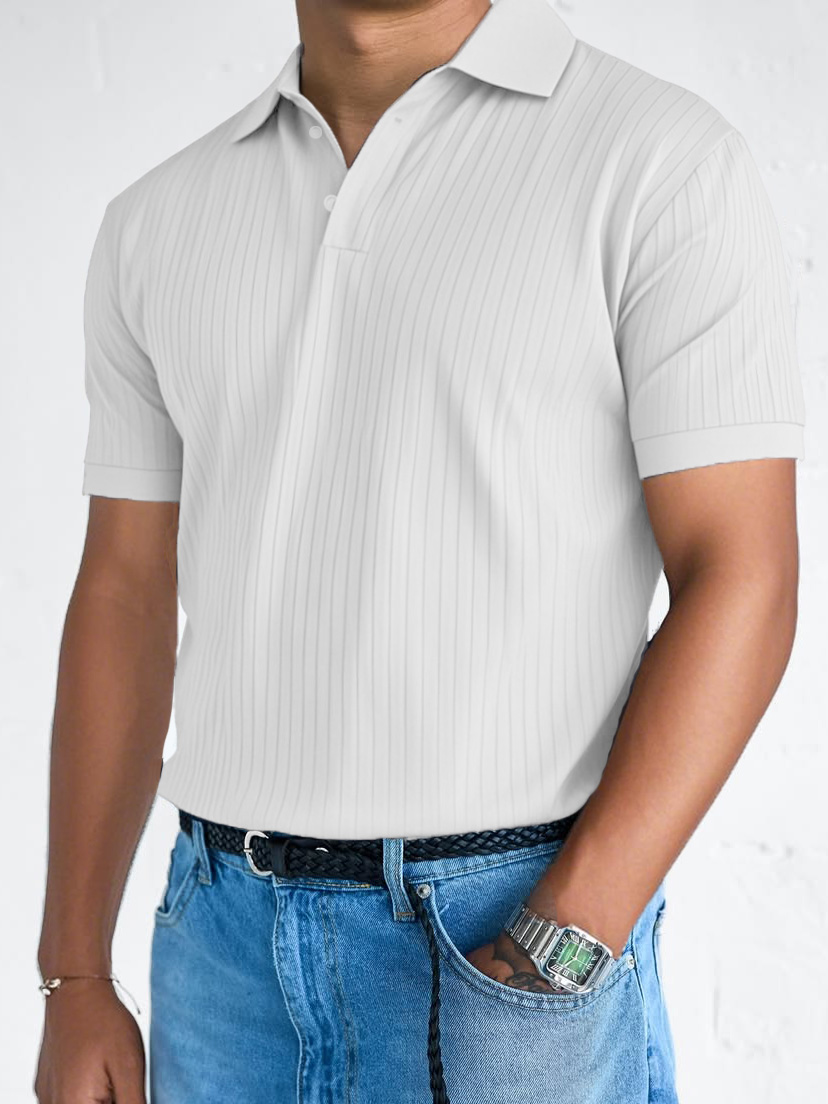 Men's Fashion Casual Retro Ribbed Fabric Short-sleeved Lapel Polo Shirt
