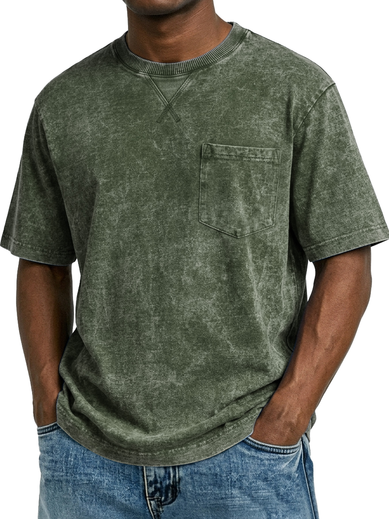 Men's Retro Cross-Strip Design Casual Crew Neck Pocket Short-Sleeve T-Shirt