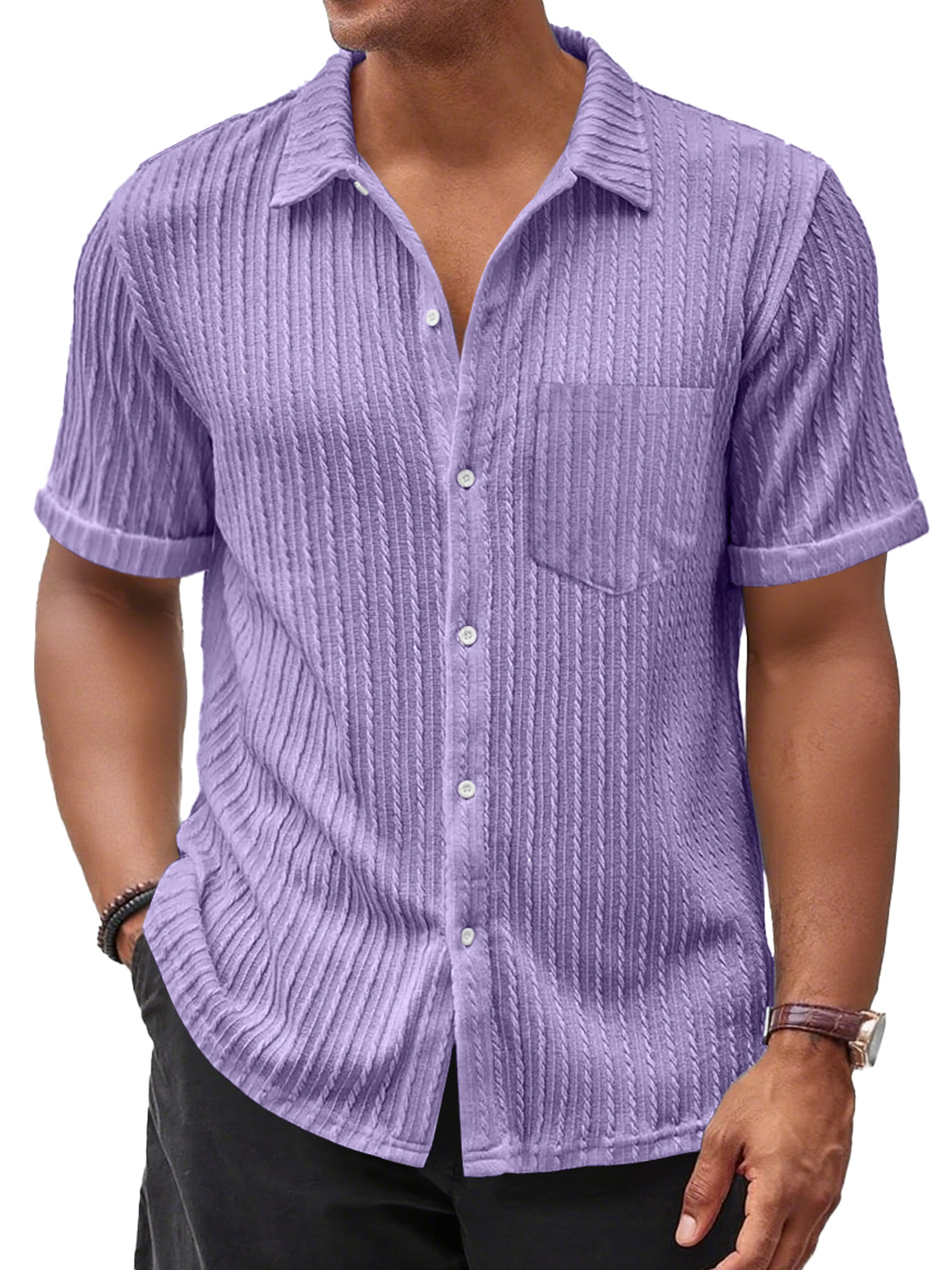 Men's Daily Casual Jacquard Texture Pocket Solid Color Comfortable Short-sleeved Shirt