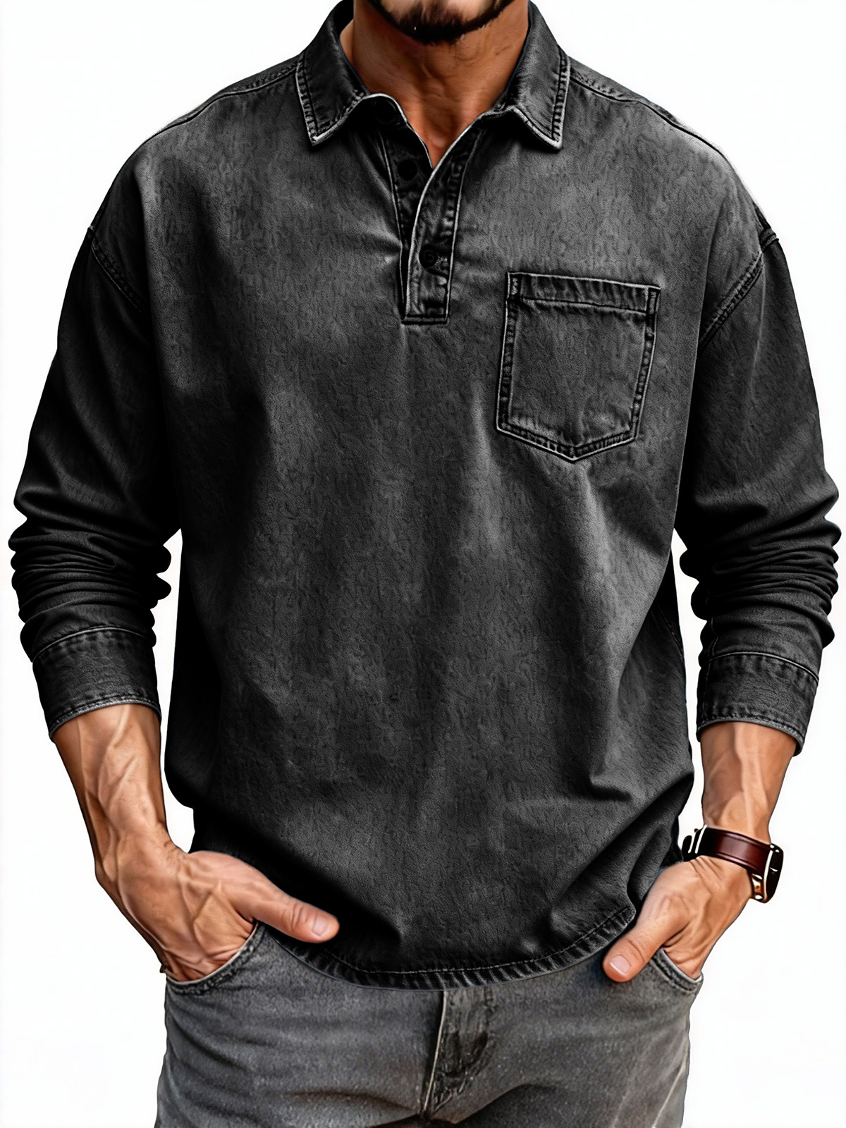 Men's Fashion Retro Distressed Lapel Pocket Long-Sleeve Polo Shirt